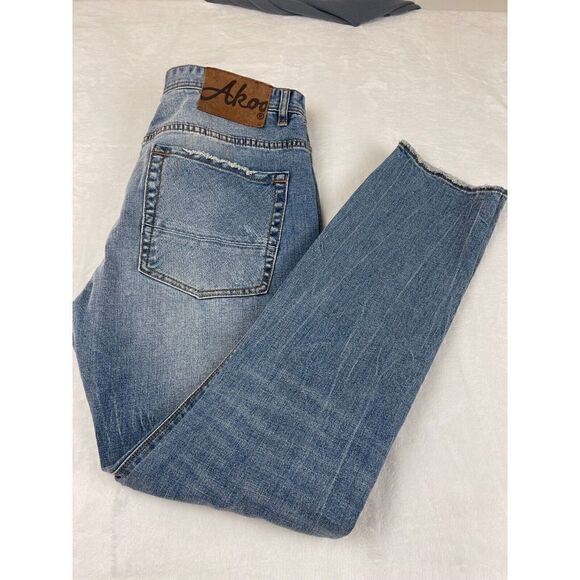 Akoo Straight Jeans Men's Size 38 Blue Denim Solid Cotton Distressed High-Rise - Picture 5 of 16